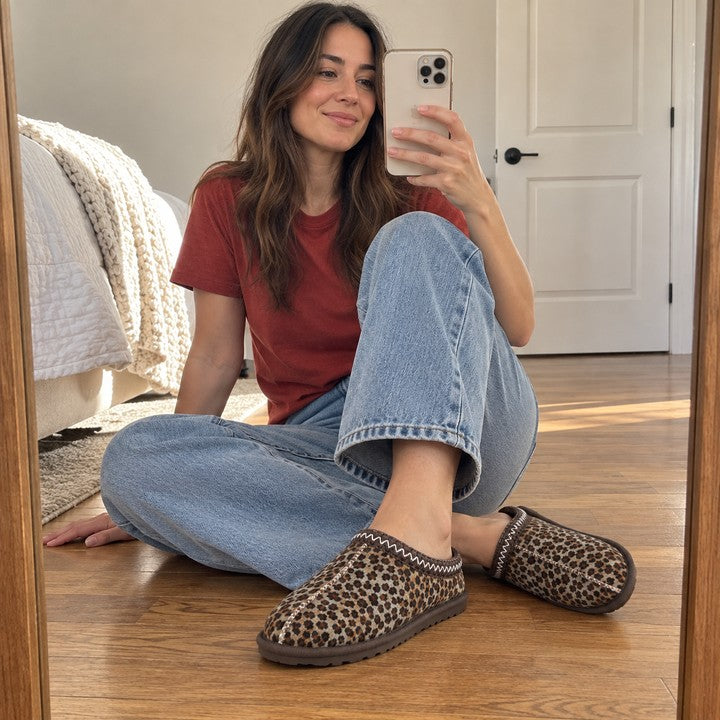 Illustrative seated floor mirror selfie wearing Thin Leopard Aspen slippers.