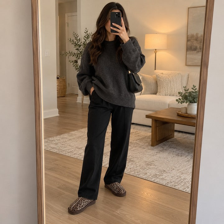 Illustrative living-room outfit selfie wearing Thin Leopard Aspen slippers.