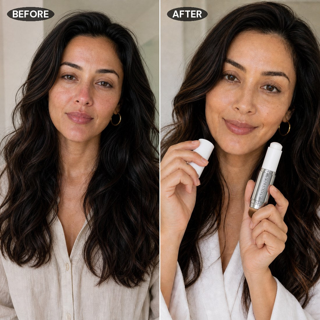 Cover Cream Volufiline: Before and after: Dani bare-faced, then wearing the stick...