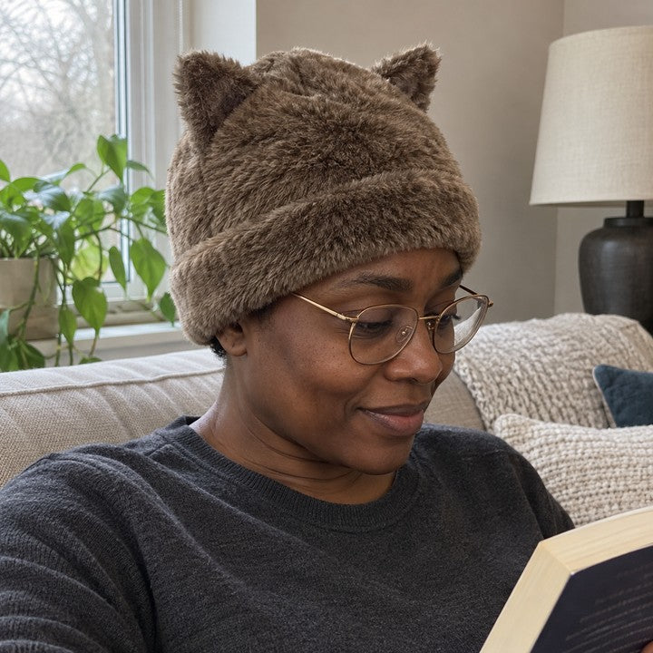 Illustrative photo of a woman reading at home in a Coffee Cleo cat ear hat.