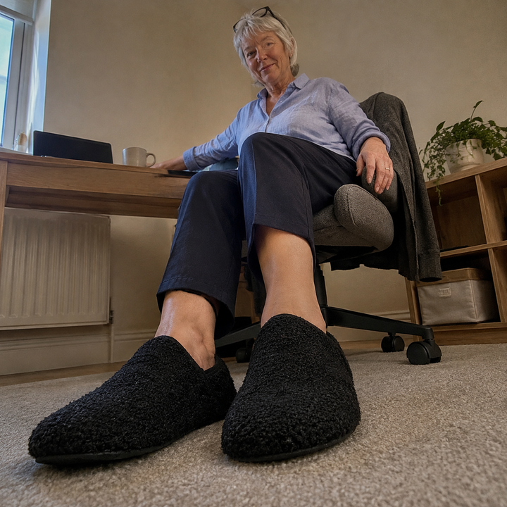 A woman at a desk with both feet flat on the floor wearing barefoot travel slipper socks