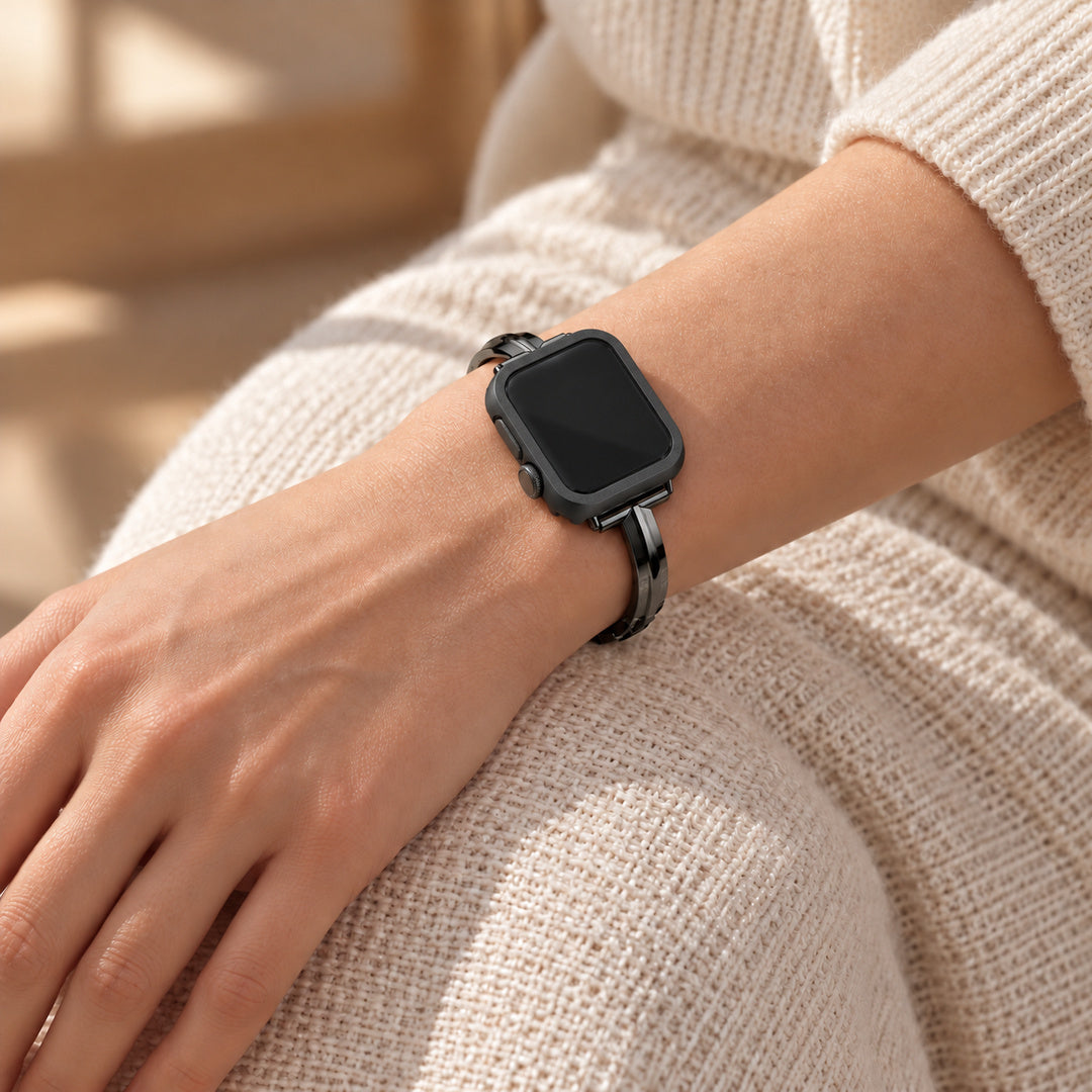 Halo black case frame on a watch worn with a Madison black band
