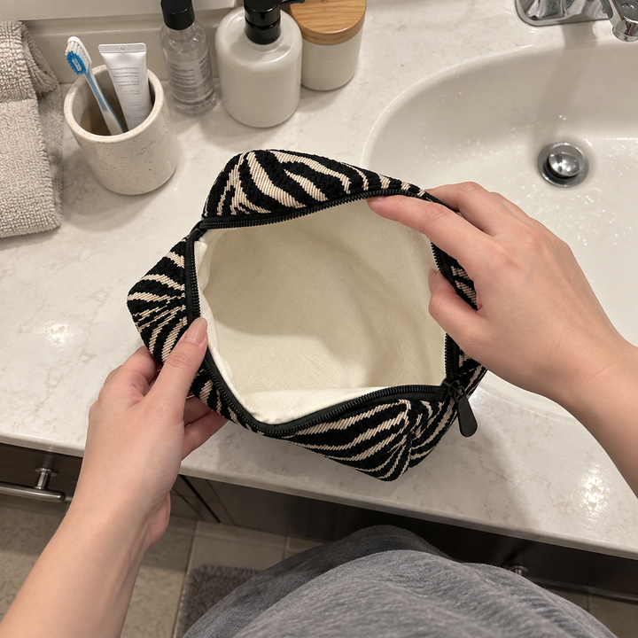 AI illustration: hands hold an empty black and cream zebra pouch open beside a bathroom sink.