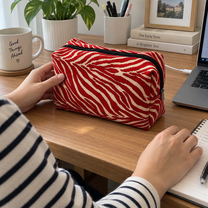 AI illustration: a hand steadies a red zebra pouch on a desk beside a laptop, notebook, mug and plant.