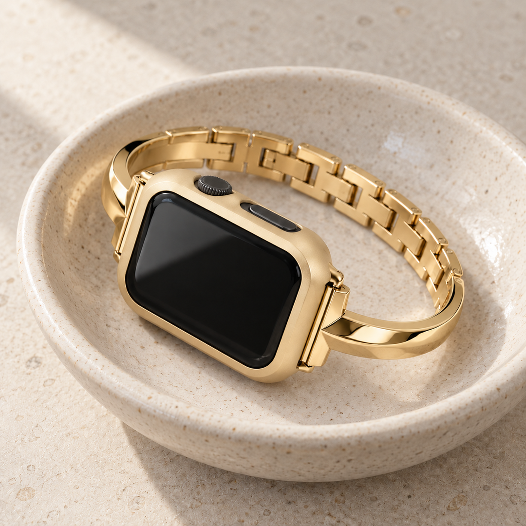 Halo gold case frame on a watch with a Madison gold band