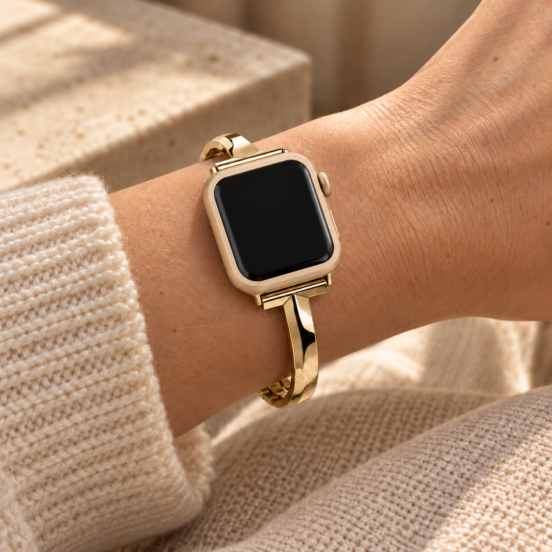 Halo gold case frame on a watch worn on the wrist with a Madison gold band