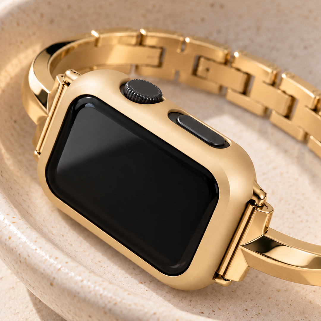 Close-up of the Halo gold case frame's matte finish at the crown and side-button cut-outs
