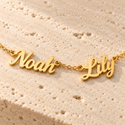 Close-up of two cut-out script names, each linked into the fine chain at both ends