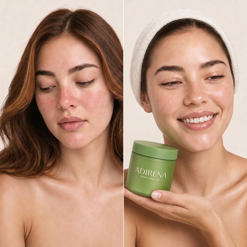 Before and after: clearer skin holding Bubble Mask Clay
