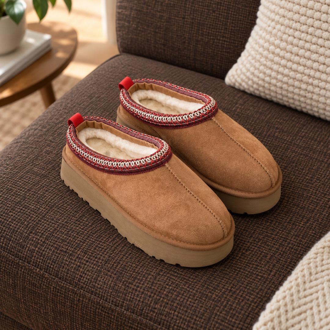 One pair of Chestnut Alder platform slippers on a brown sofa.