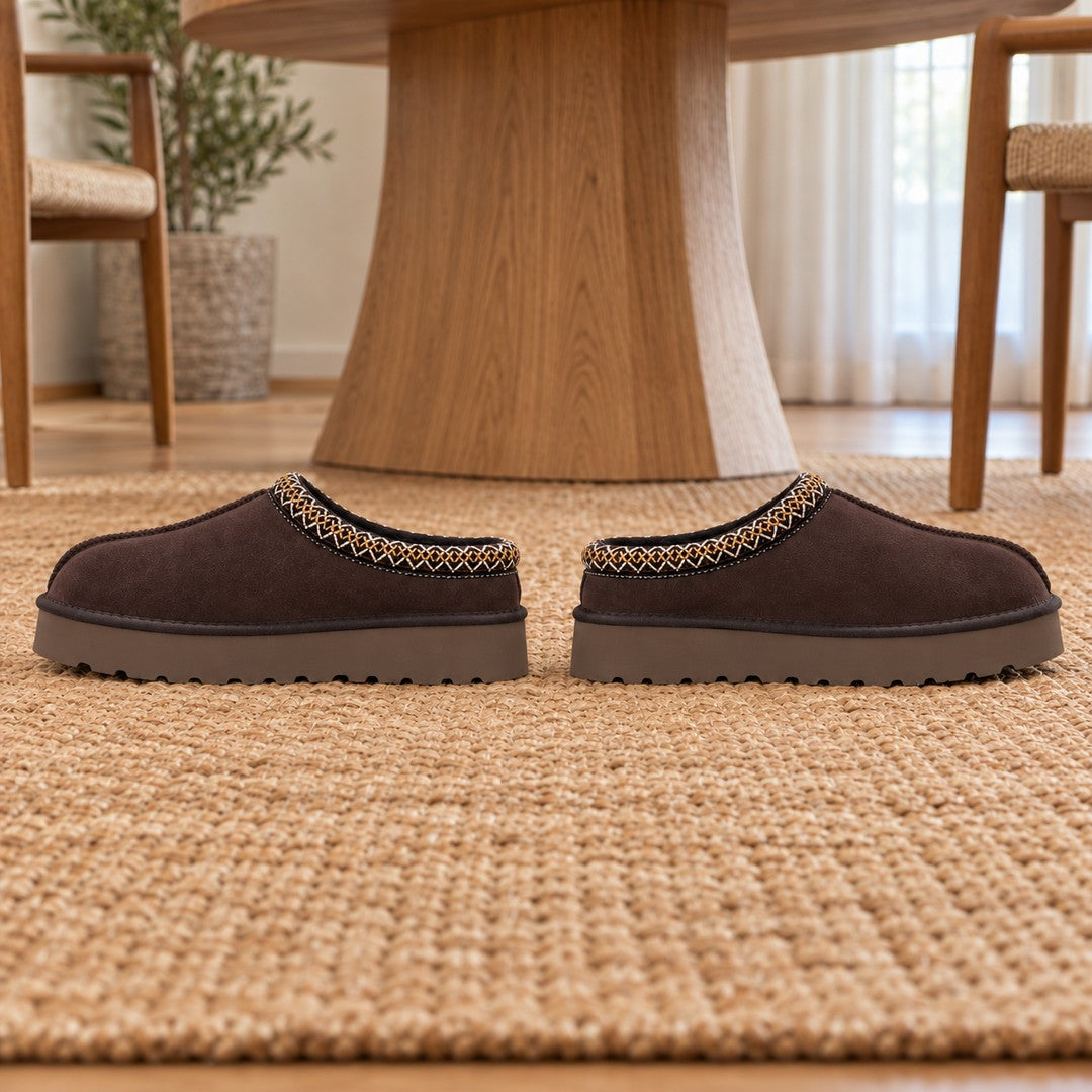 One matching pair of Chocolate Aspen Thick Sole slippers.