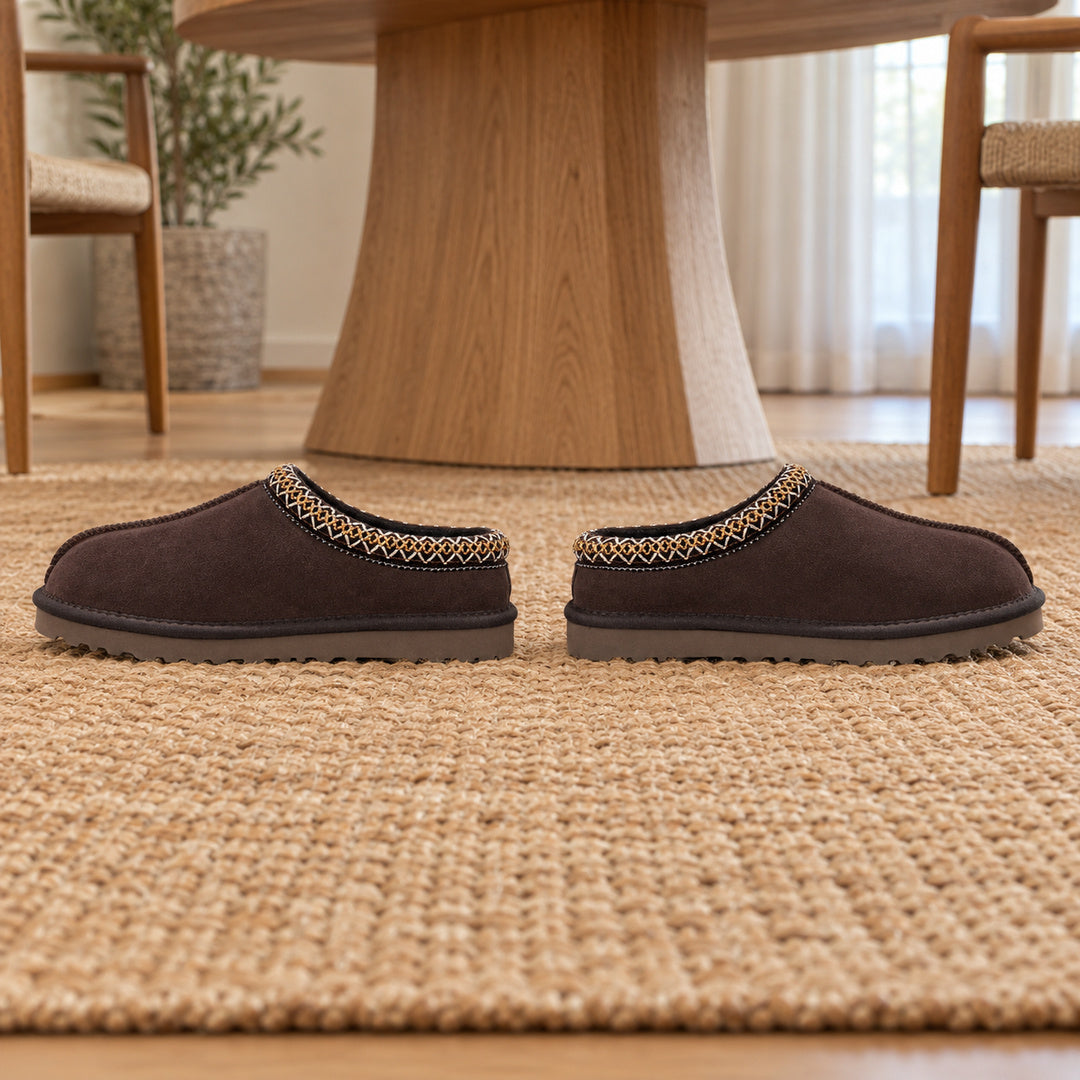 One matching pair of Chocolate Aspen Thin Sole slippers.