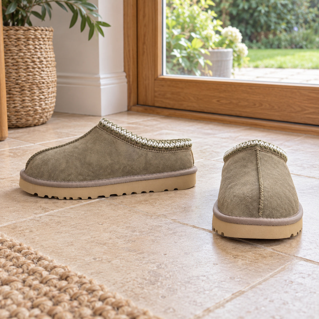 One matching pair of Olive Green (Tan Sole) Aspen Thin Sole slippers.
