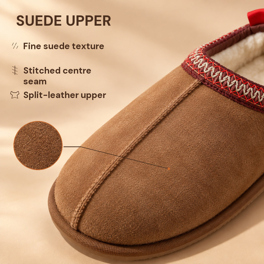 Close-up of the Chestnut Aspen slipper upper with suede detail callouts.