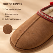 Close-up of the Chestnut Aspen slipper upper with suede detail callouts.