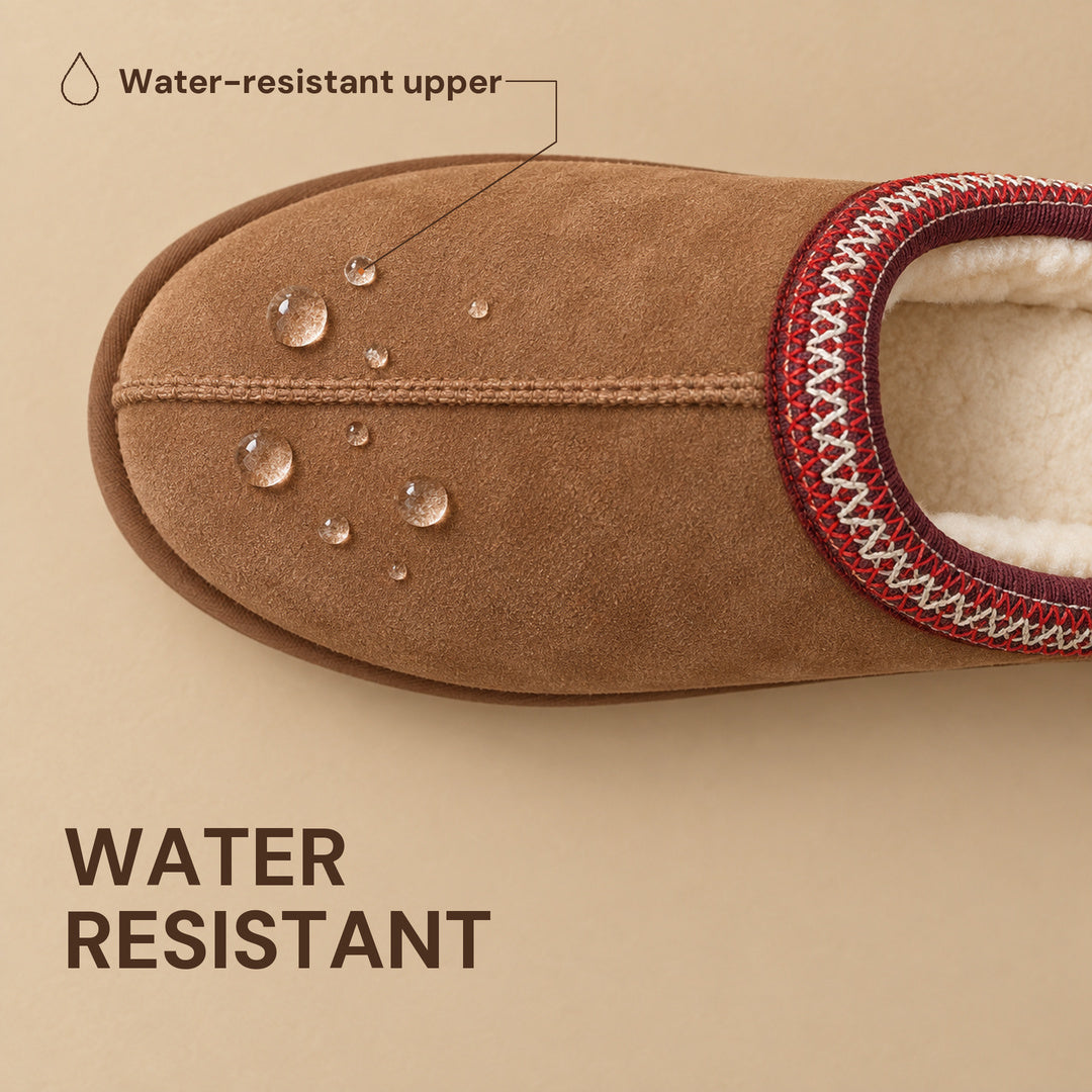 Overhead view of a Chestnut Aspen slipper with water droplets on the upper, above the words Water Resistant.