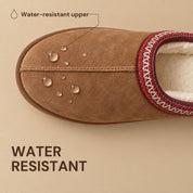 Overhead view of a Chestnut Aspen slipper with water droplets on the upper, above the words Water Resistant.