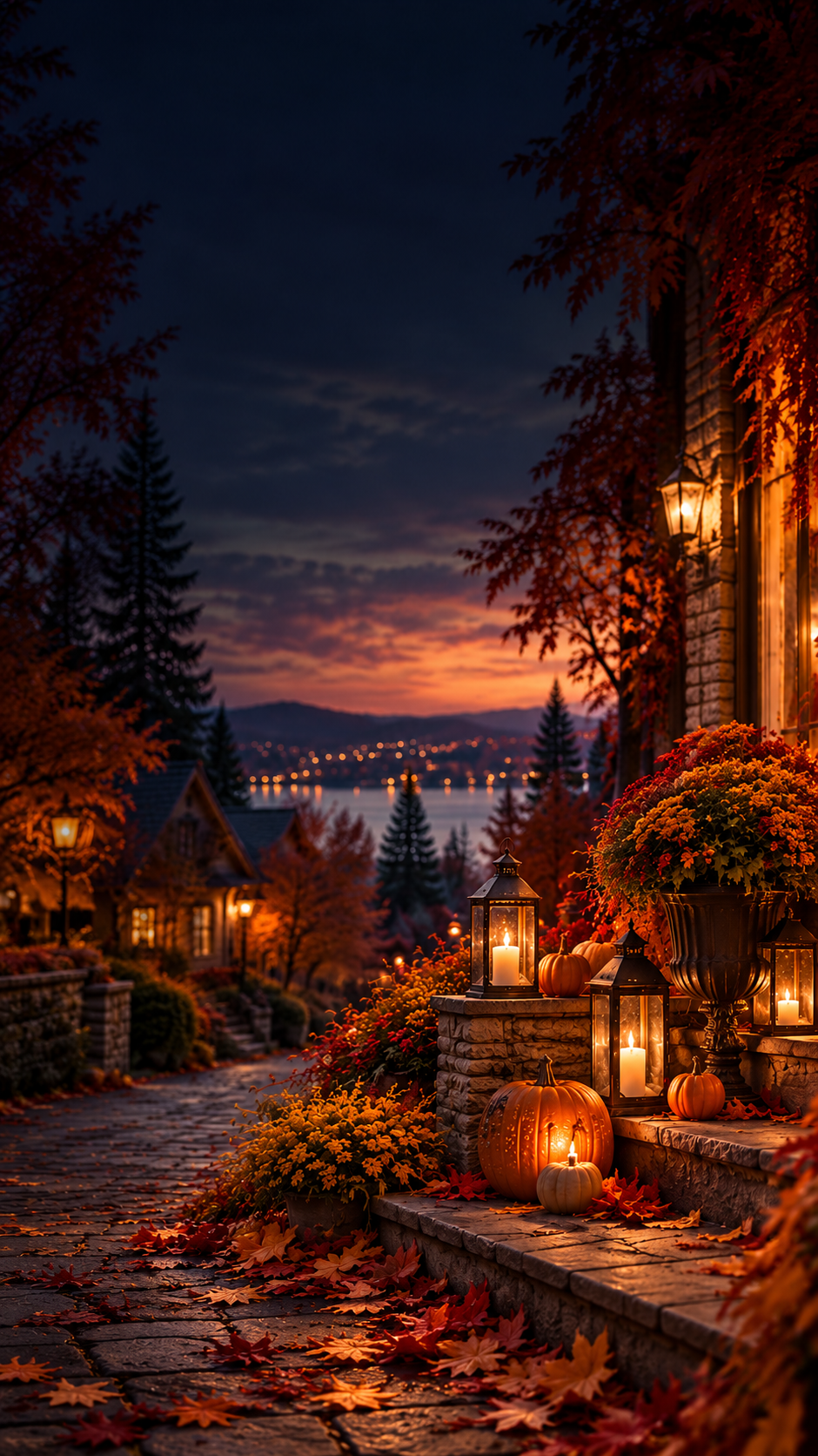 Autumn Halloween porch with glowing pumpkins and warm lanterns