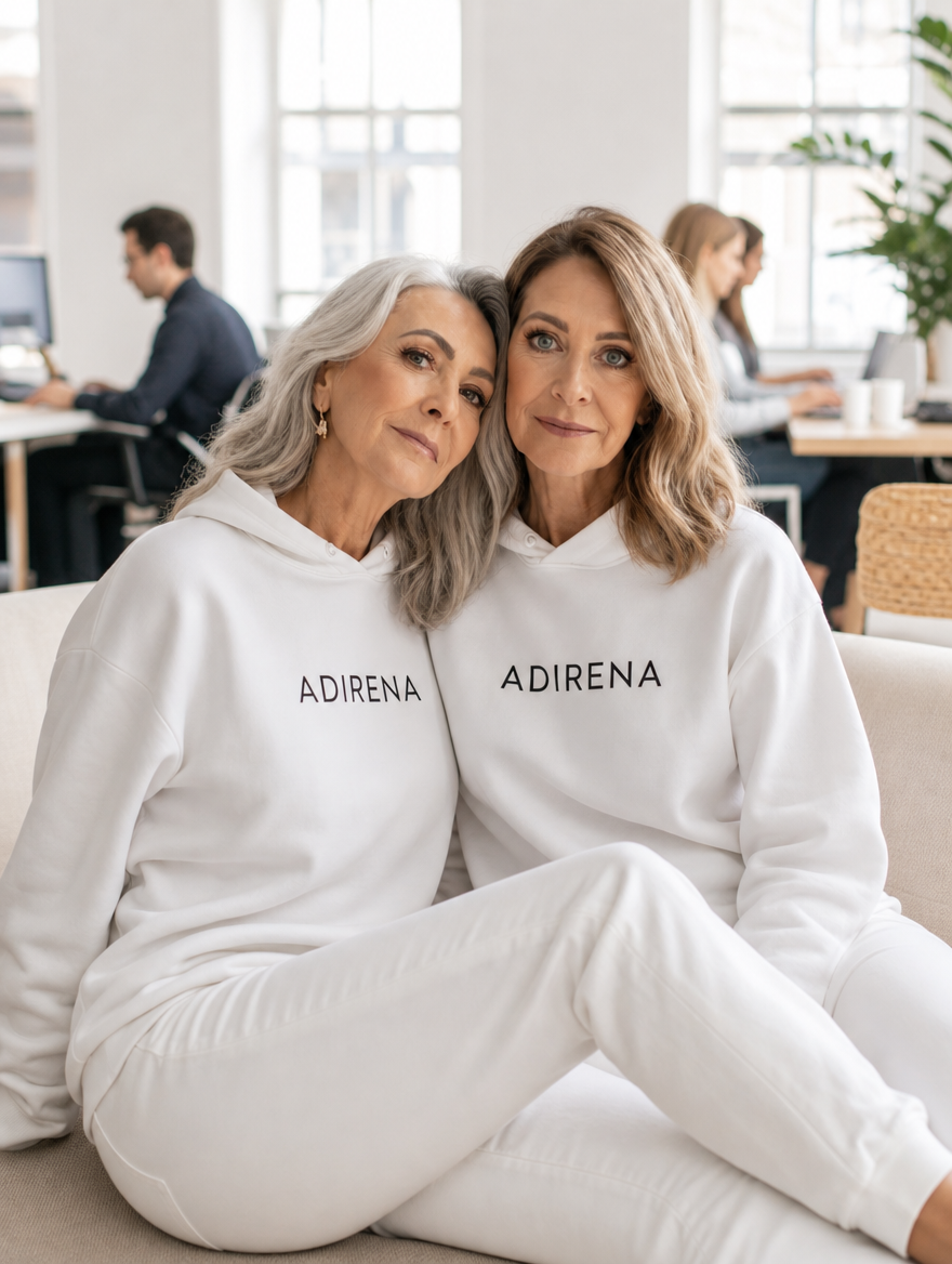 Adirena founders in branded white hoodies in a modern office