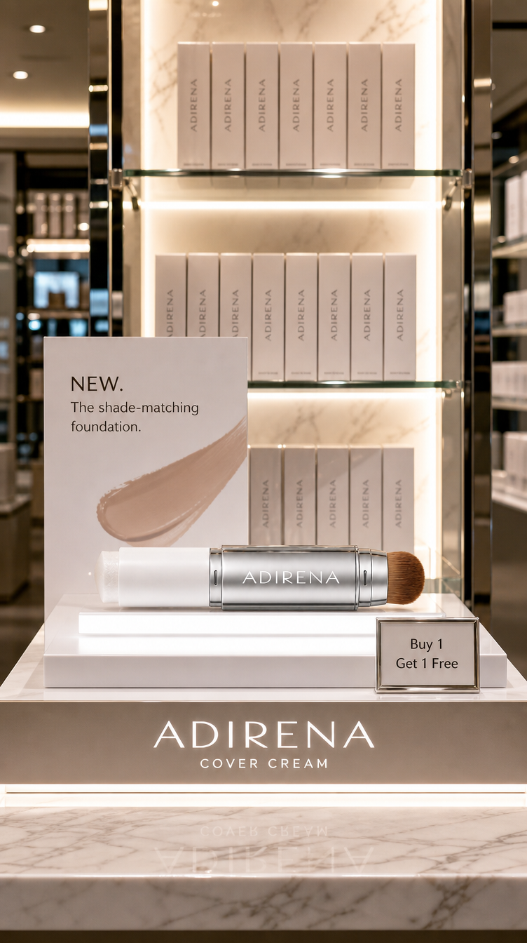 Adirena Cover Cream on a beauty store shelf with Buy 1 Get 1 Free sign