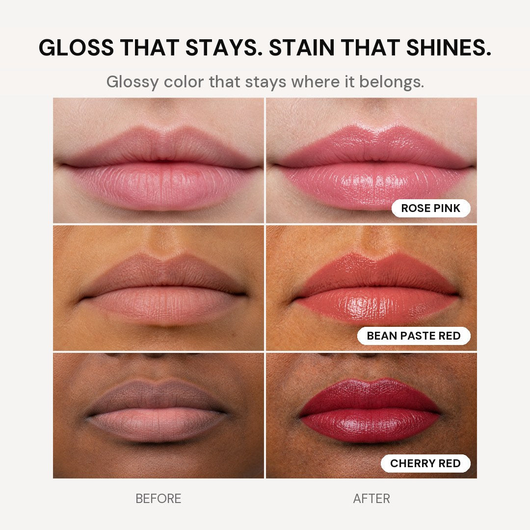 Gloss that stays, stain that shines: before and after in three shades