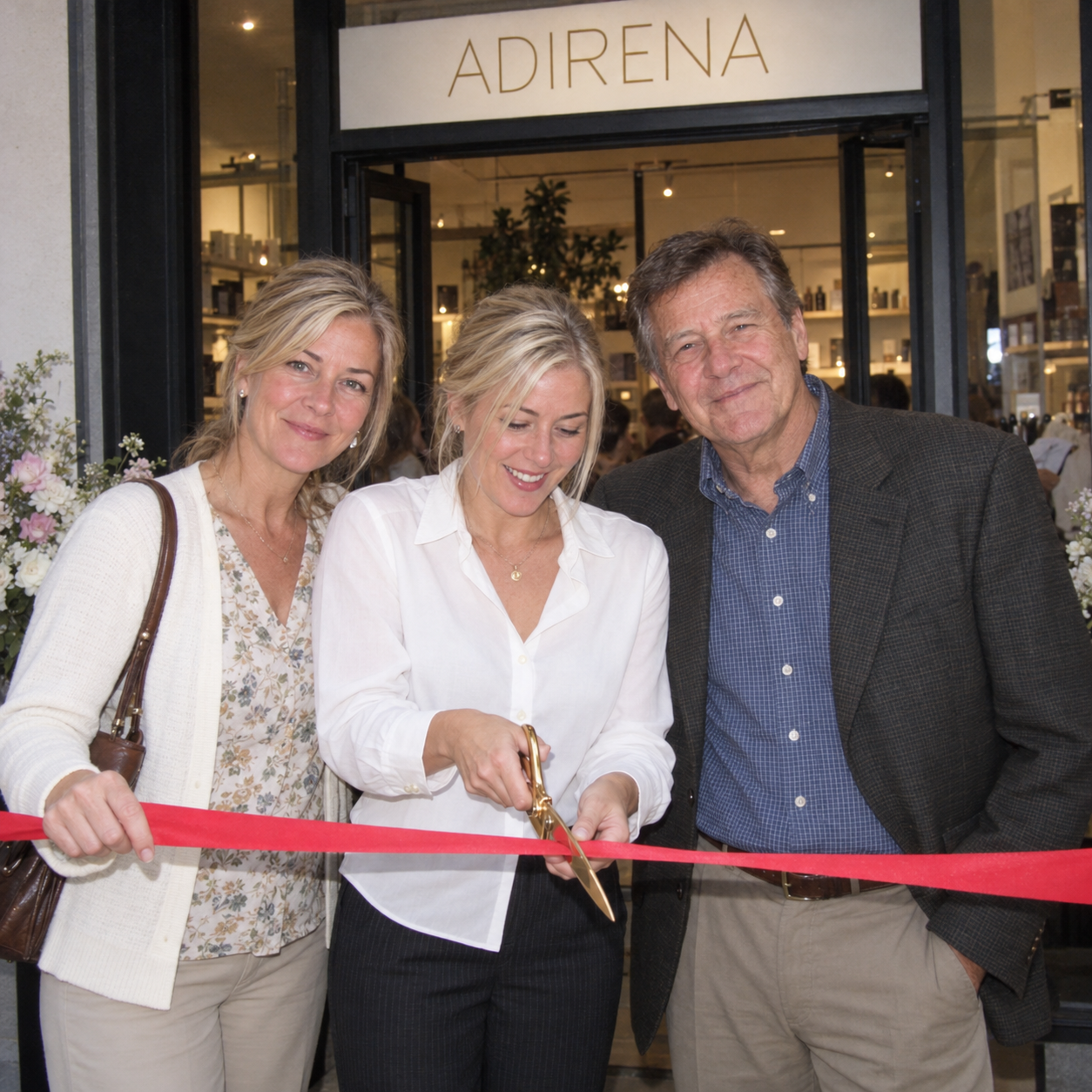 Illustrative reconstruction of Casey and her parents cutting the ribbon at the Adirena boutique opening