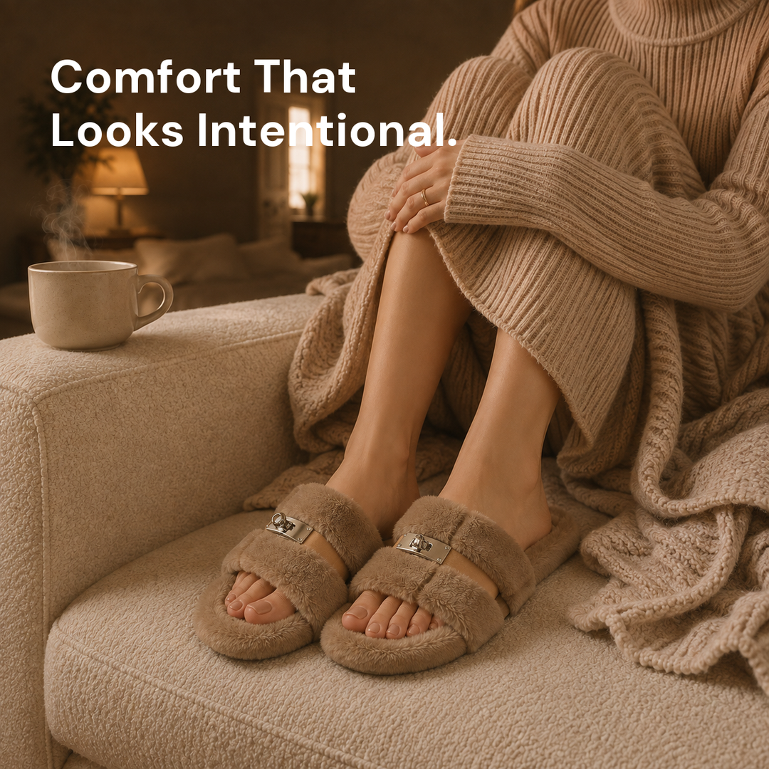 A woman curled on a cream sofa with her feet up in taupe fur slippers, a warm lamp lit behind her