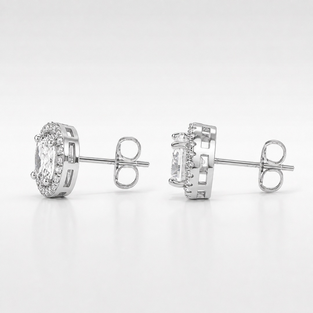 LUNARA White Gold halo stud posts and butterfly backs