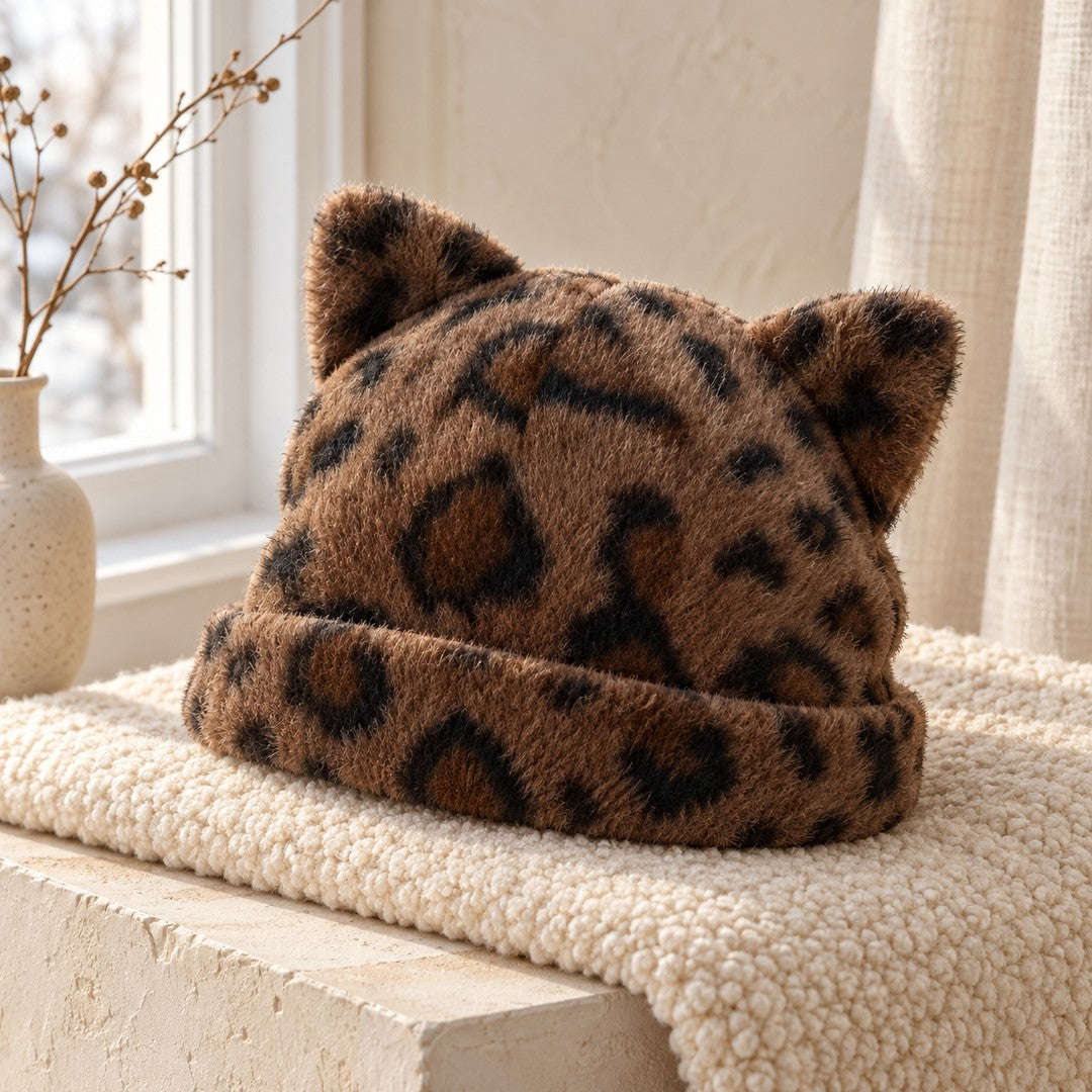 The Leopard Cleo cat ear hat resting on a cream knit throw by a bright window.