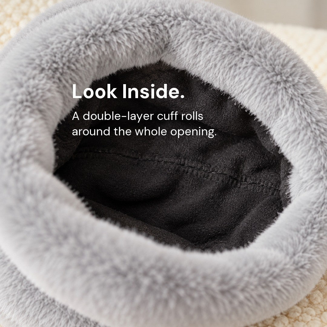 Close view inside the Gray Cleo cat ear hat, past the plush cuff to the smooth inside.