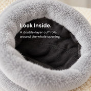 Close view inside the Gray Cleo cat ear hat, past the plush cuff to the smooth inside.