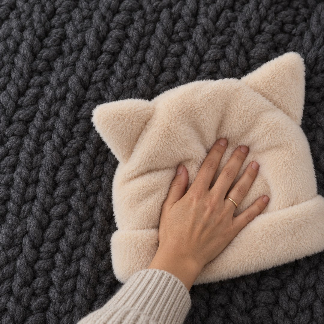 A hand pressing into the plush crown of an Apricot Cleo cat ear hat laid on a charcoal knit blanket.