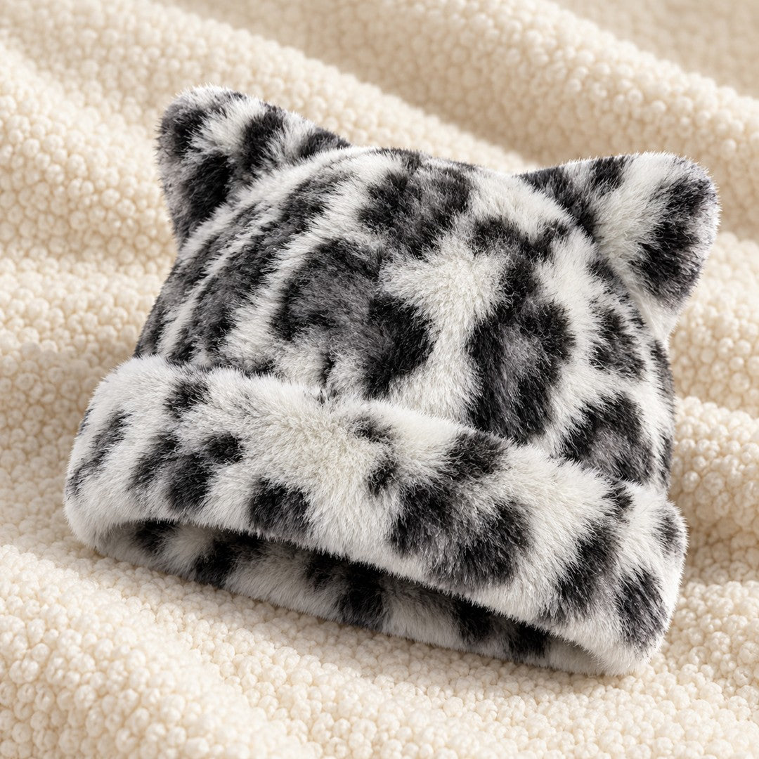 The Black-White Leopard Cleo cat ear hat laid on a cream knit throw.