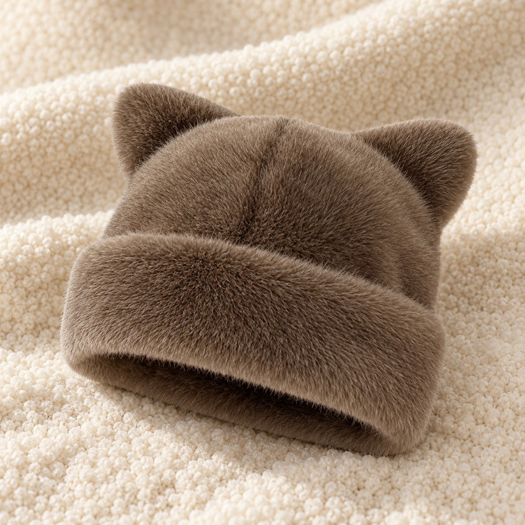 The Coffee Cleo cat ear hat laid on a cream knit throw.