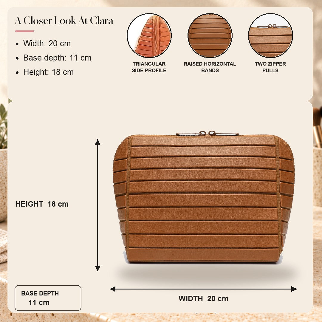 Closed brown Clara showing 20 cm width, 11 cm base depth and 18 cm height
