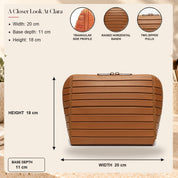 Closed brown Clara showing 20 cm width, 11 cm base depth and 18 cm height
