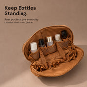 Open Brown Clara with five bottles standing in gathered pockets
