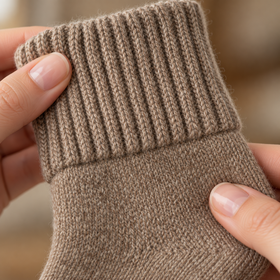 Two hands holding the folded cuff of a mid-calf sock at close range, the chunky rib of the cuff above the fold and the finer knit of the shaft below it