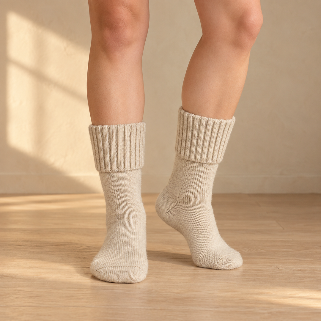 A pair of cream ribbed mid-calf socks worn on bare legs, standing on a warm floor