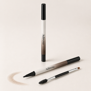 Hair-Stroke Brow Pen staged with grooming tool and hair-like stroke trace