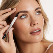 Model applying the Hair-Stroke Brow Pen, drawing fine strokes at the brow tail