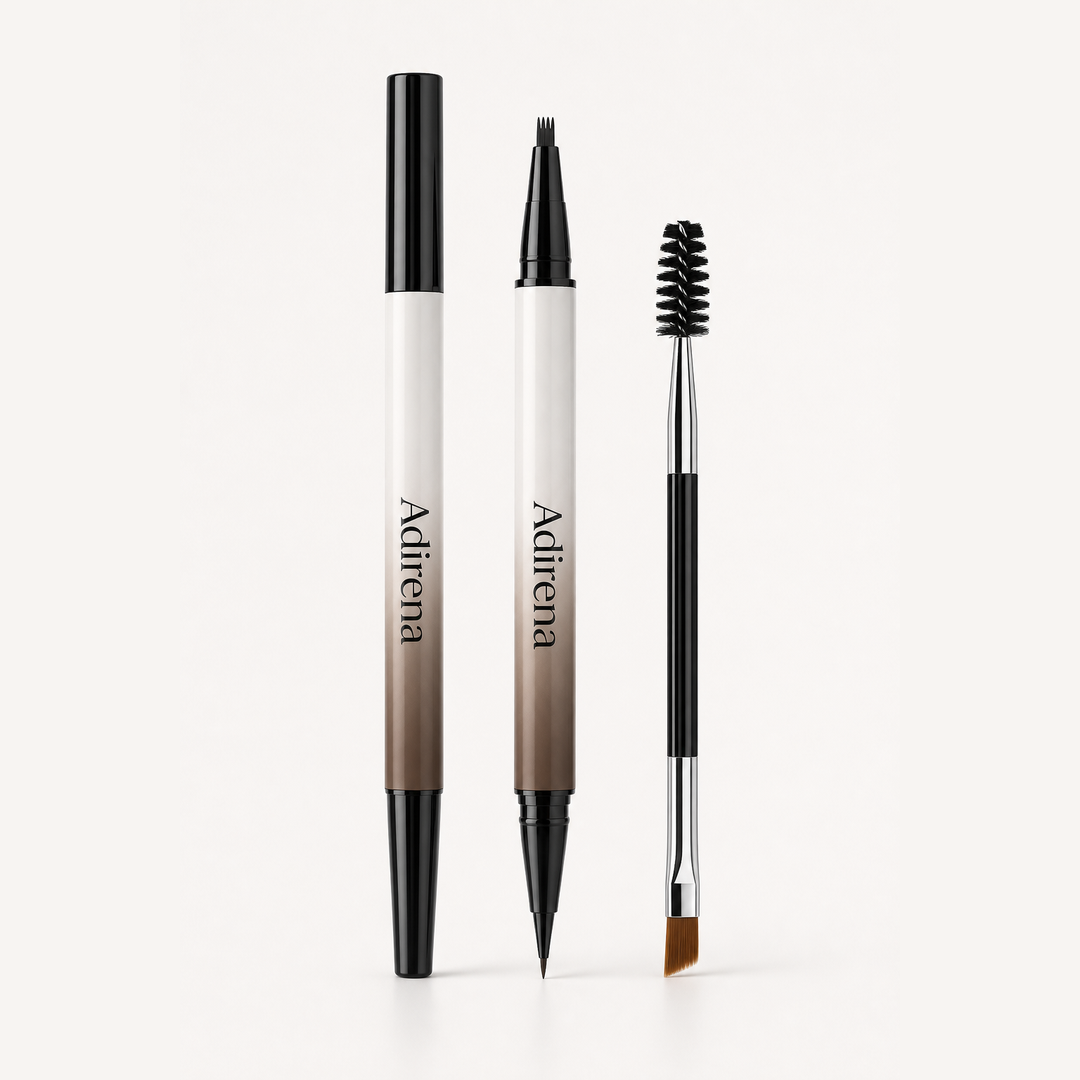 Hair-Stroke Brow Pen packshot, capped and open with grooming tool