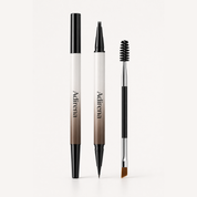 Hair-Stroke Brow Pen packshot, capped and open with grooming tool