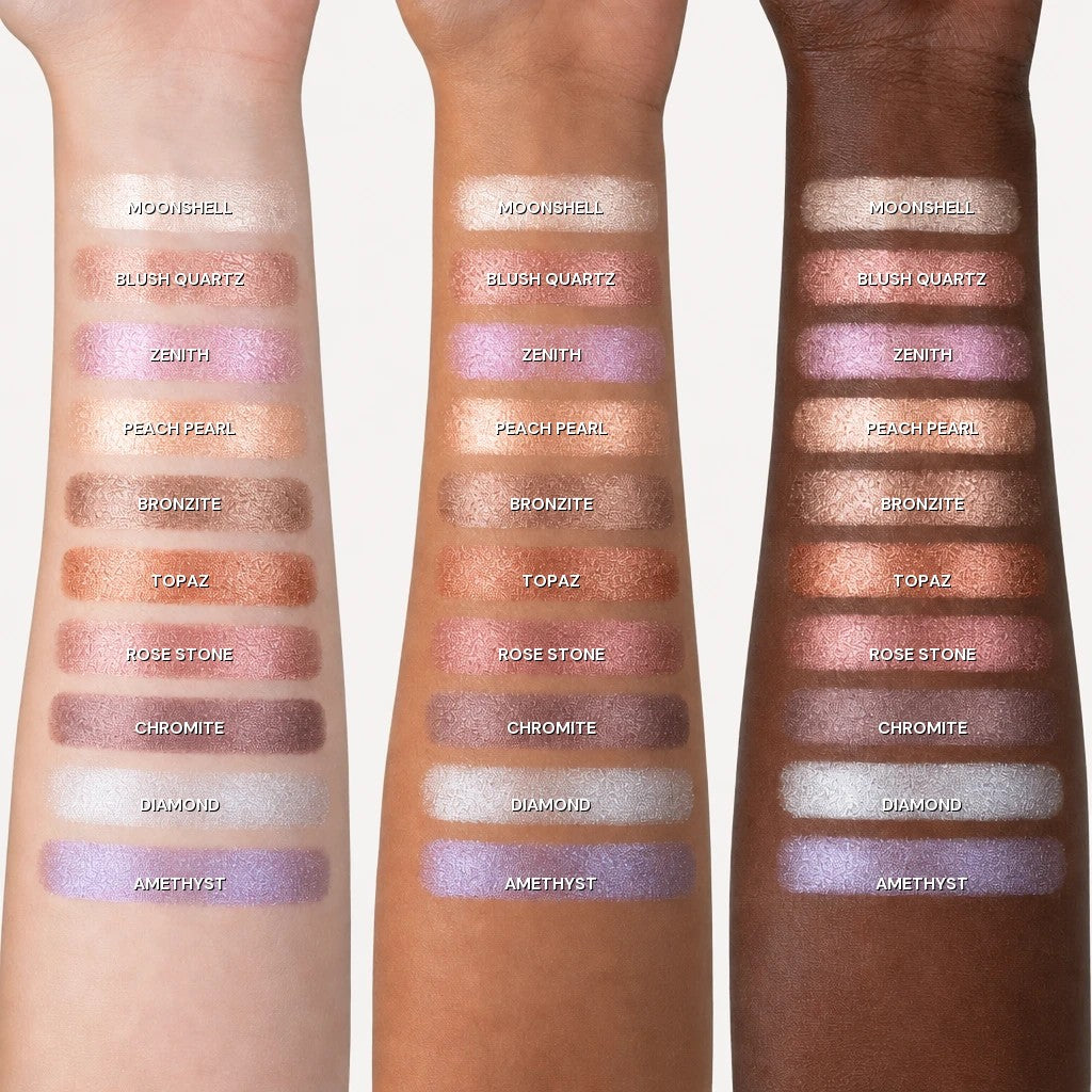 All 10 shades swatched on three skin tones