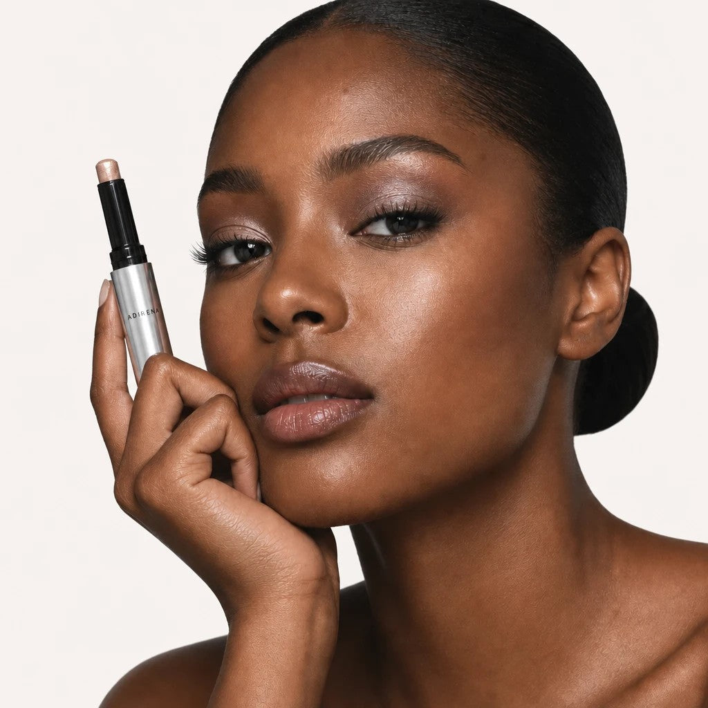 Soft Focus Gel Eyeshadow — editorial portrait, mauve-taupe shimmer on deep skin