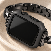 Close-up of the Halo black case frame's matte finish at the crown and side-button cut-outs