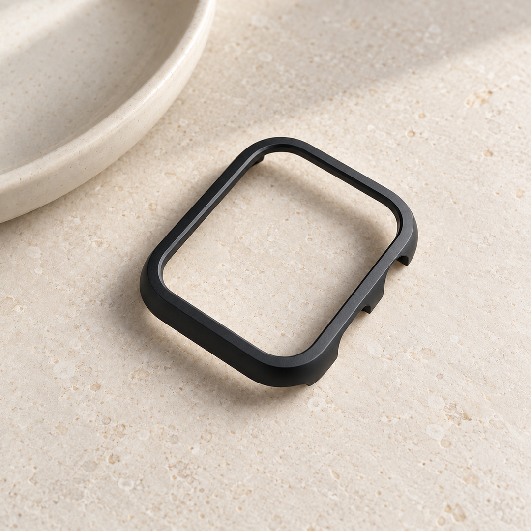 The Halo black case frame on its own, showing its open front and side walls
