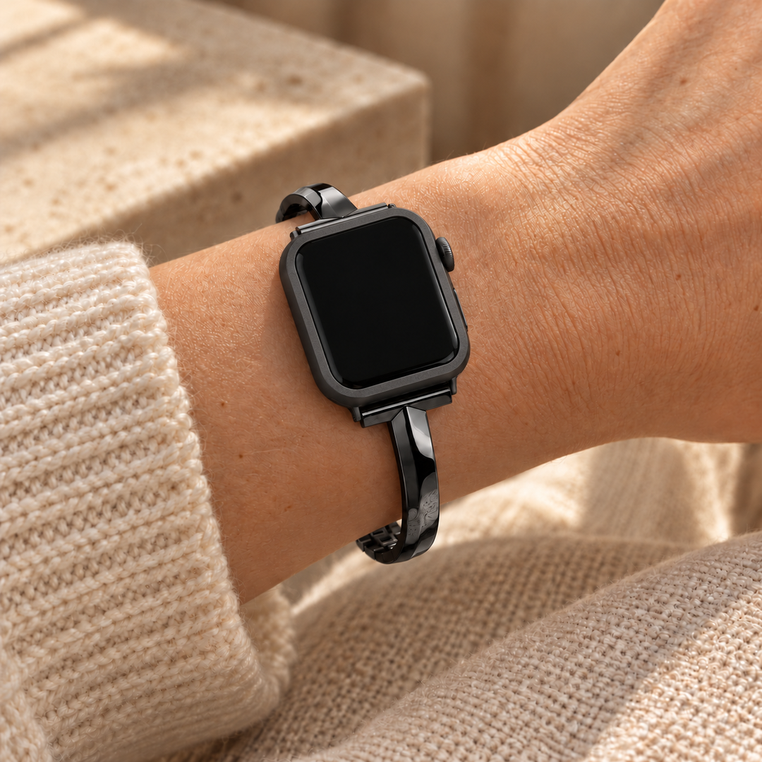 Halo black case frame on a watch worn on the wrist with a Madison black band