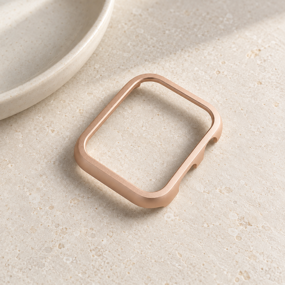 The Halo rose gold case frame on its own, showing its open front and side walls