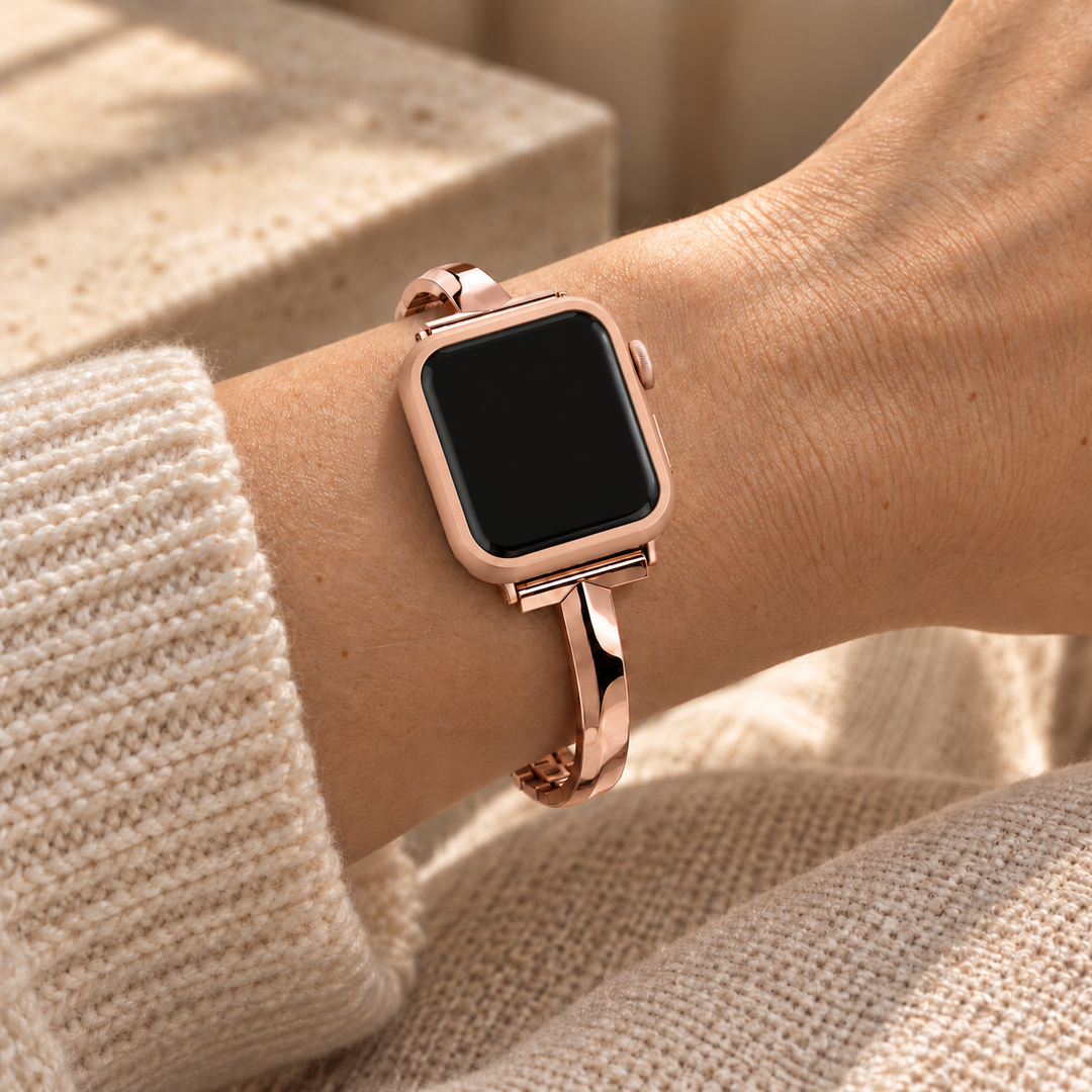 Halo rose gold case frame on a watch worn on the wrist with a Madison rose gold band